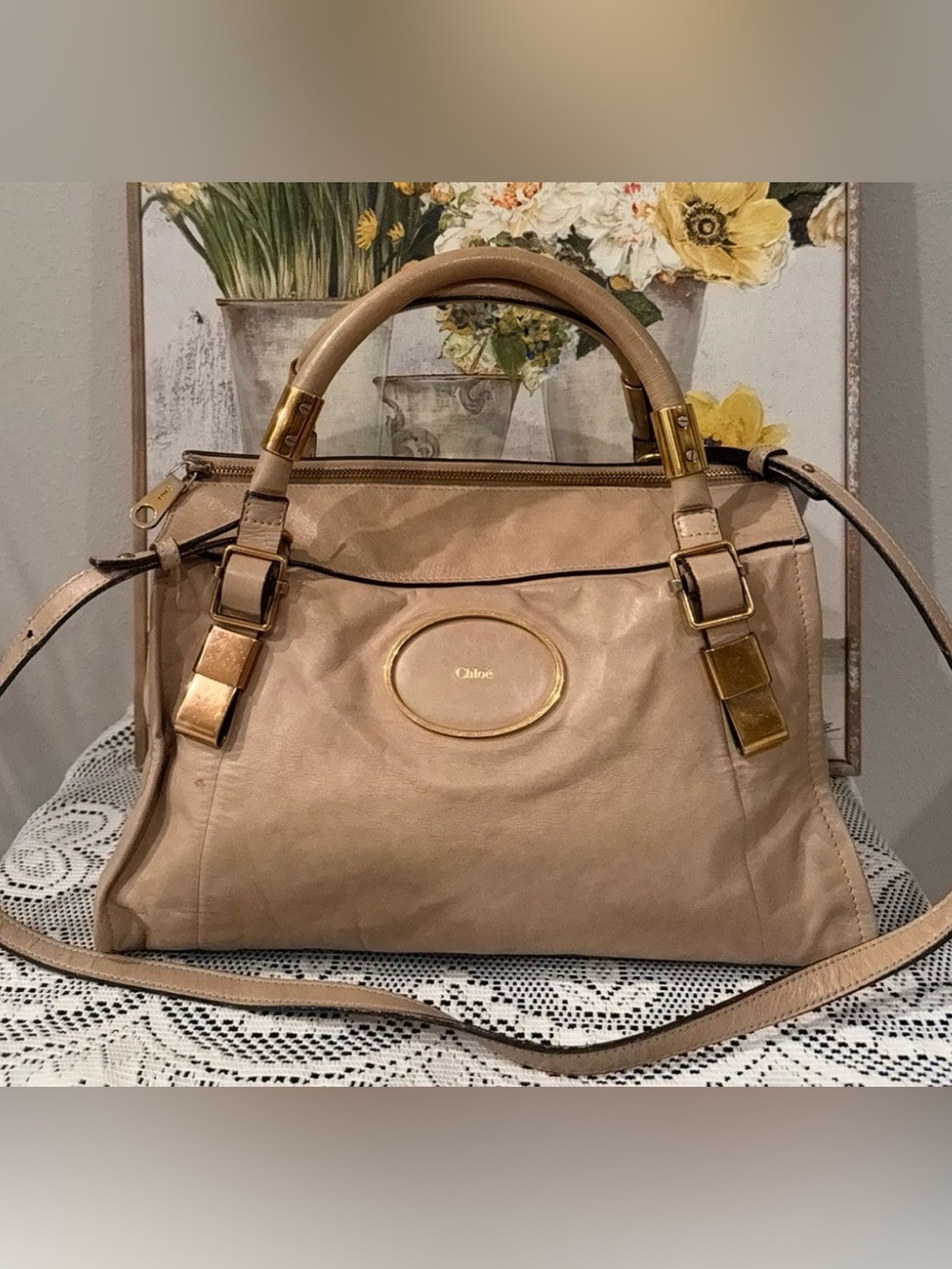 Authentic Chloé Beige Leather Shoulder Satchel with Gold Hardware